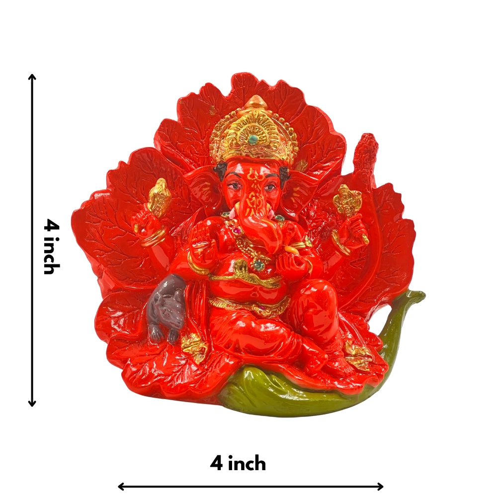 4-Inch Red Leaf Ganesha Idol – Vibrant Decorative Ganpati Statue for Home & Gifts
