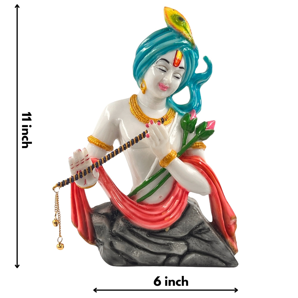 11 Inch Krishna with Flute and Rose Idol – Artistic Resin Statue