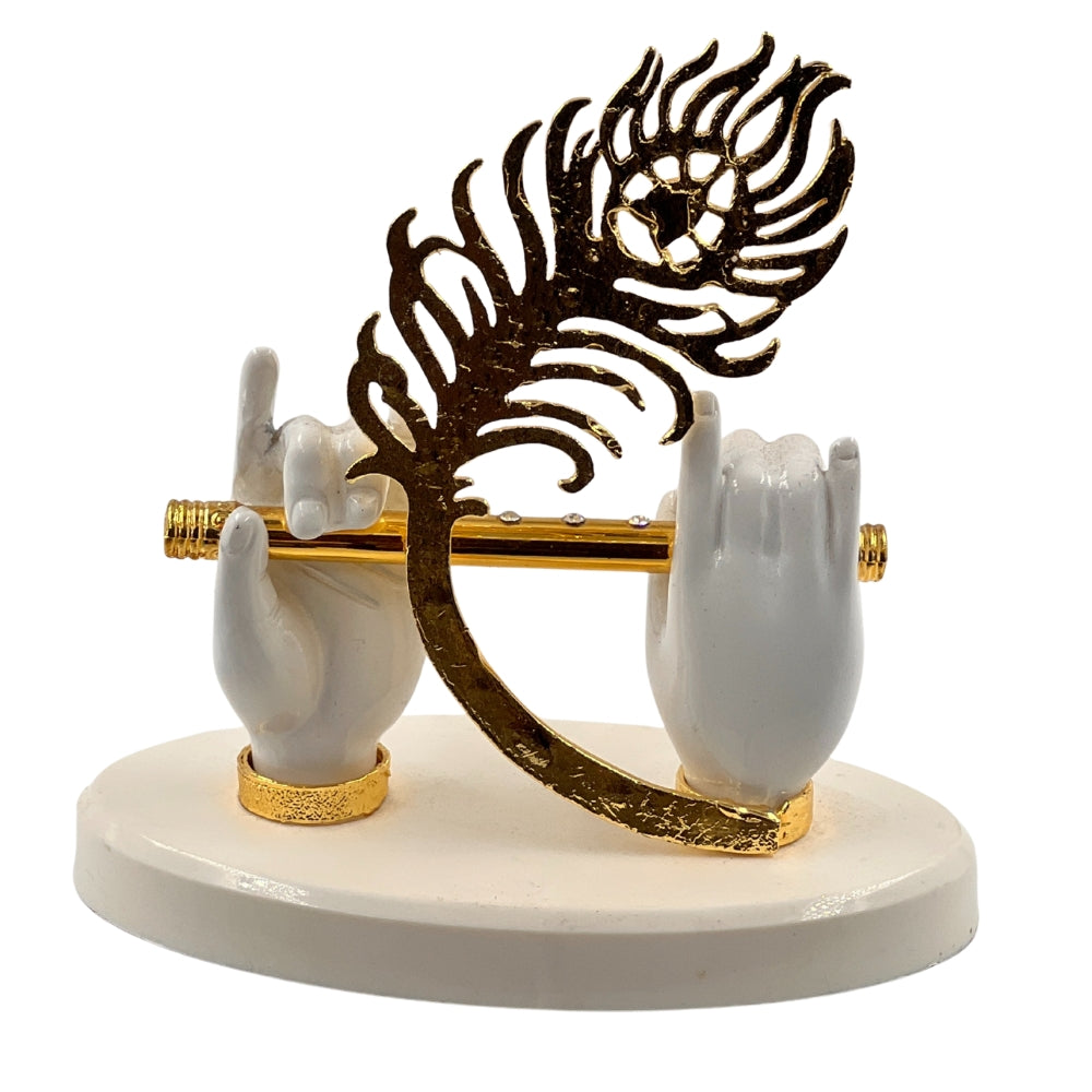 Divine Krishna Handcrafted Decor – Flute & Peacock Feather Showpiece (4.5 inch) WHITE