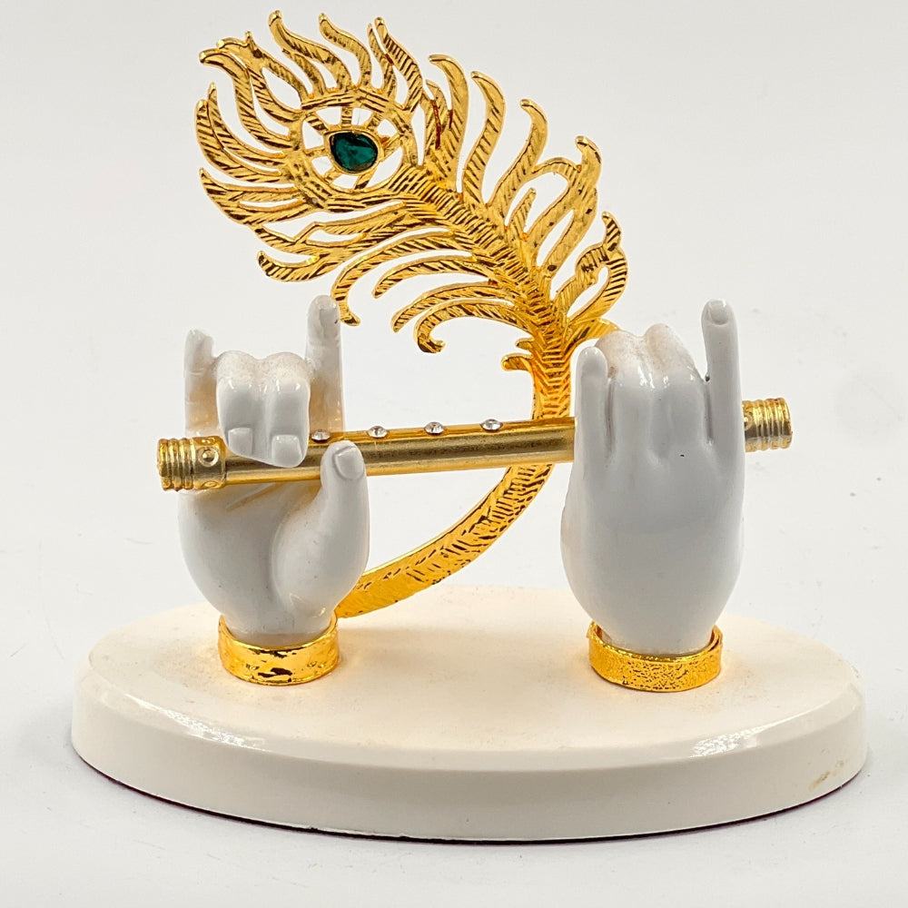 Divine Krishna Handcrafted Decor – Flute & Peacock Feather Showpiece (4.5 inch) WHITE