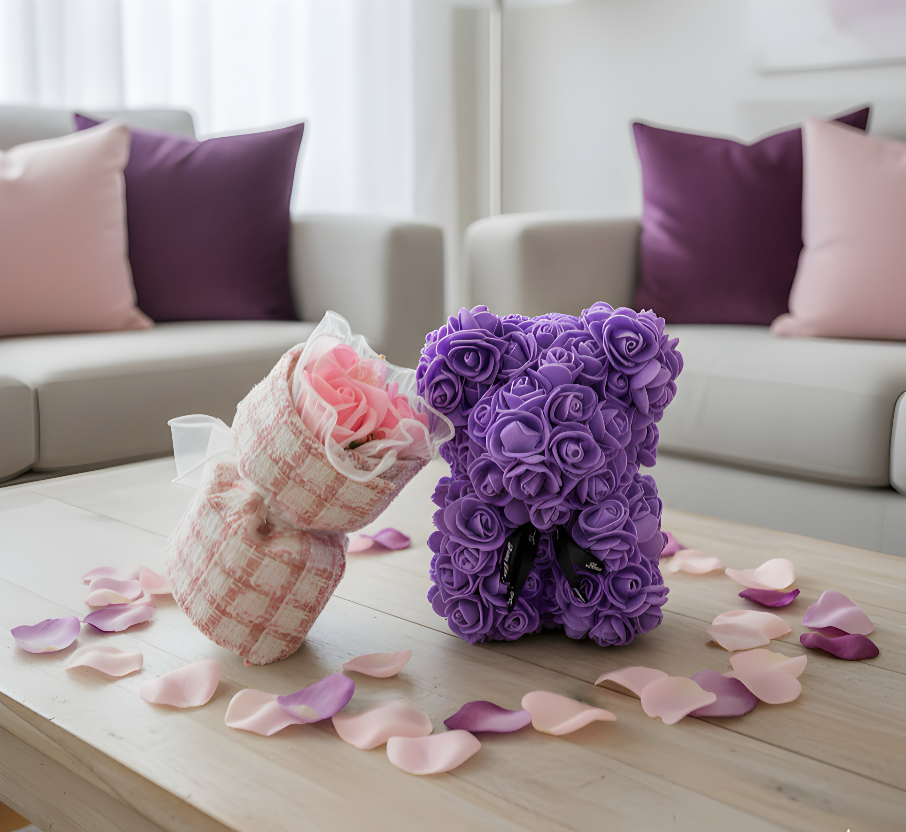Elegant Foam Flower Teddy & Bouquet Hamper – A Unique Gift of Love (PURPLE)