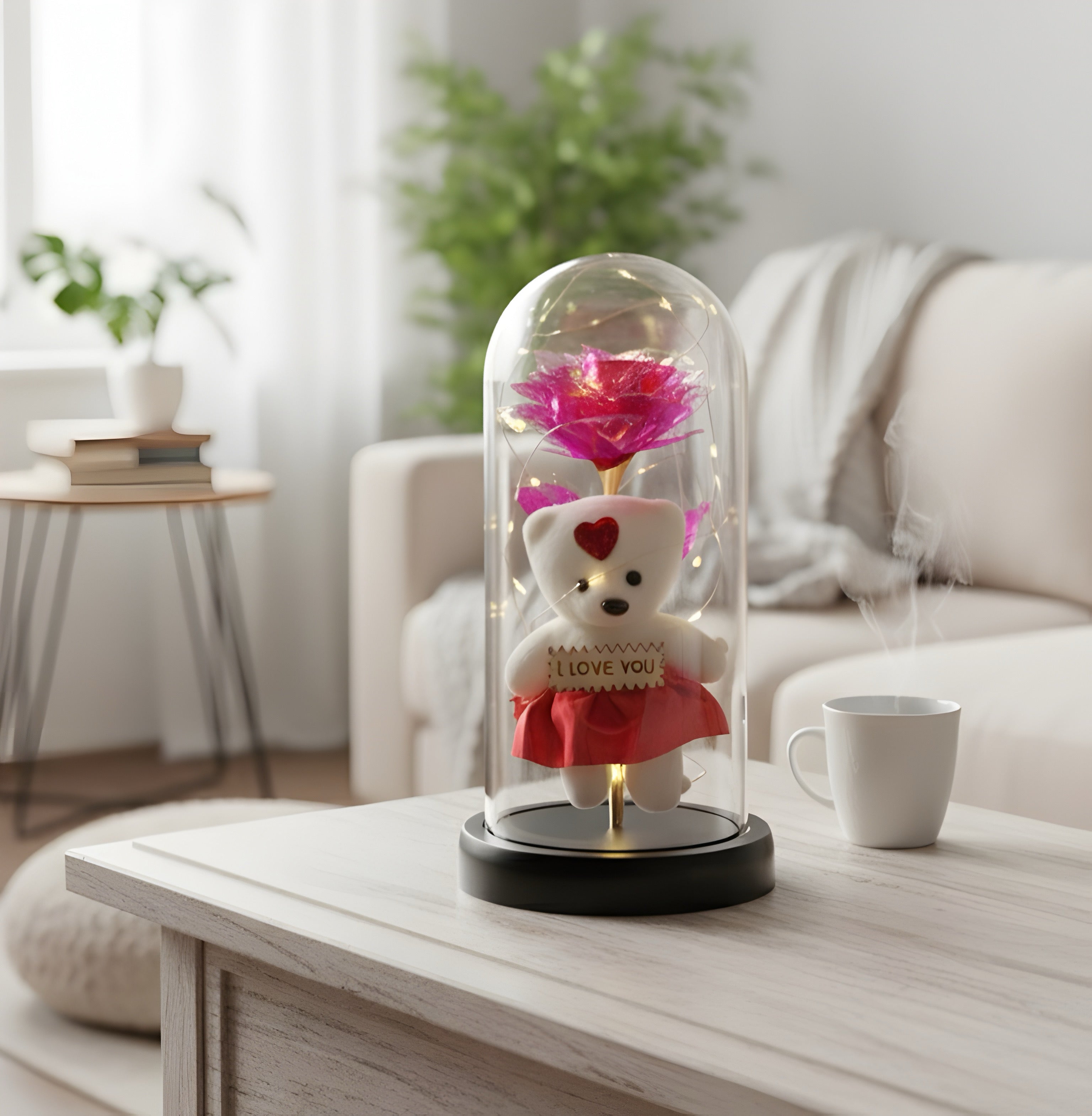Romantic LED Glass Dome with Pink Rose & Teddy Bear – Elegant Gift for Loved Ones