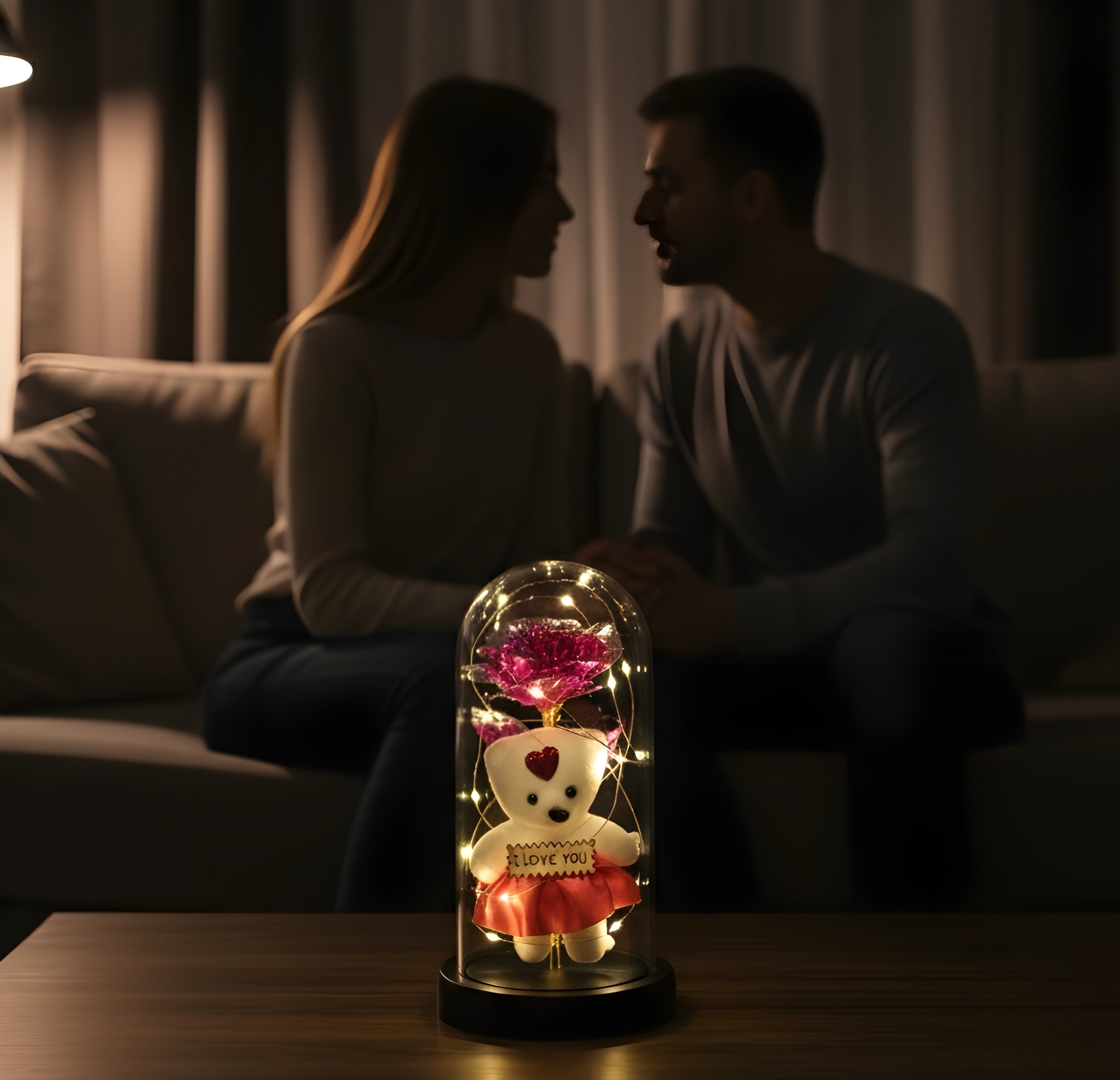 Romantic LED Glass Dome with Pink Rose & Teddy Bear – Elegant Gift for Loved Ones