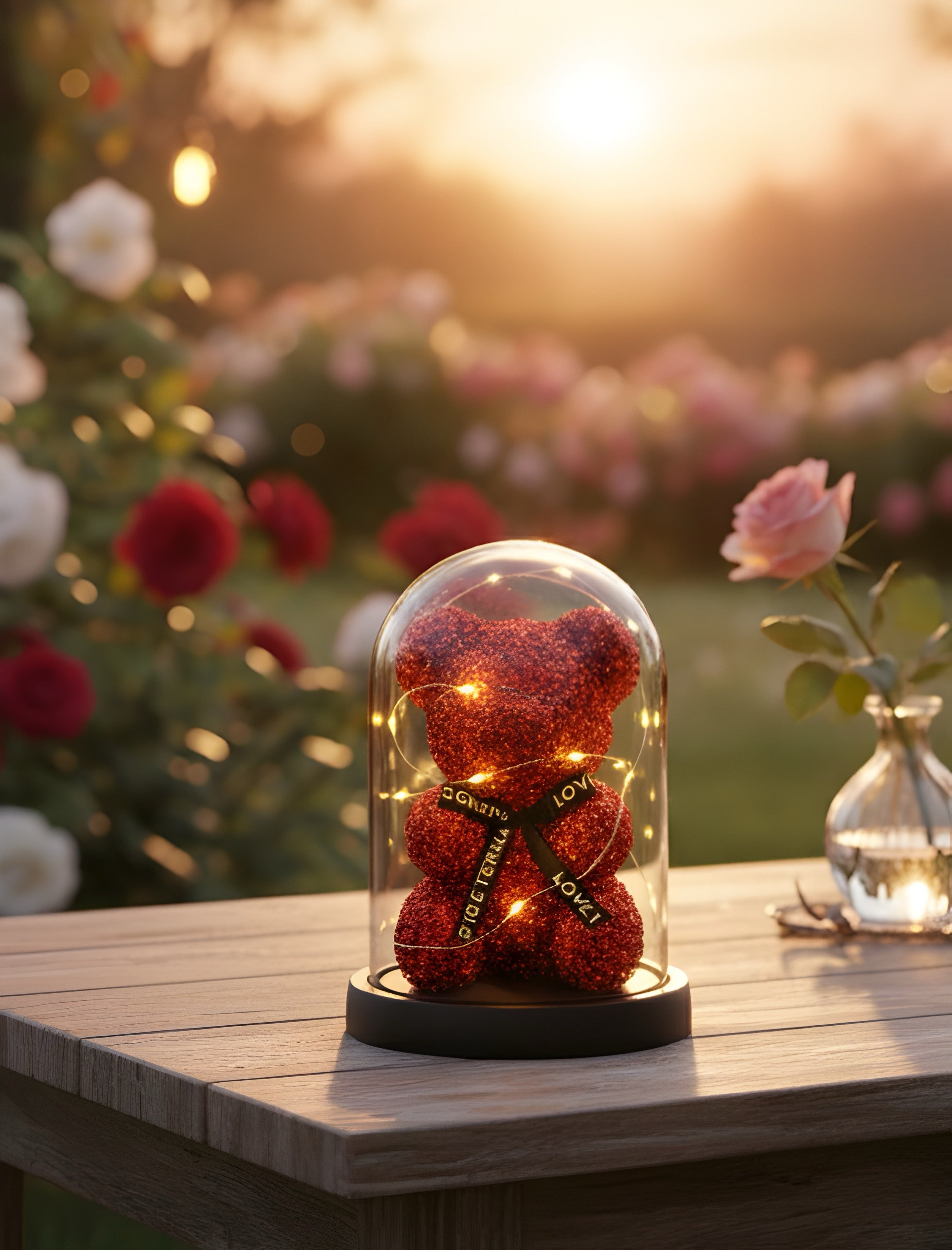 Crystal Glow Teddy Bear – LED Light-Up Decoration in Glass Dome (RED)