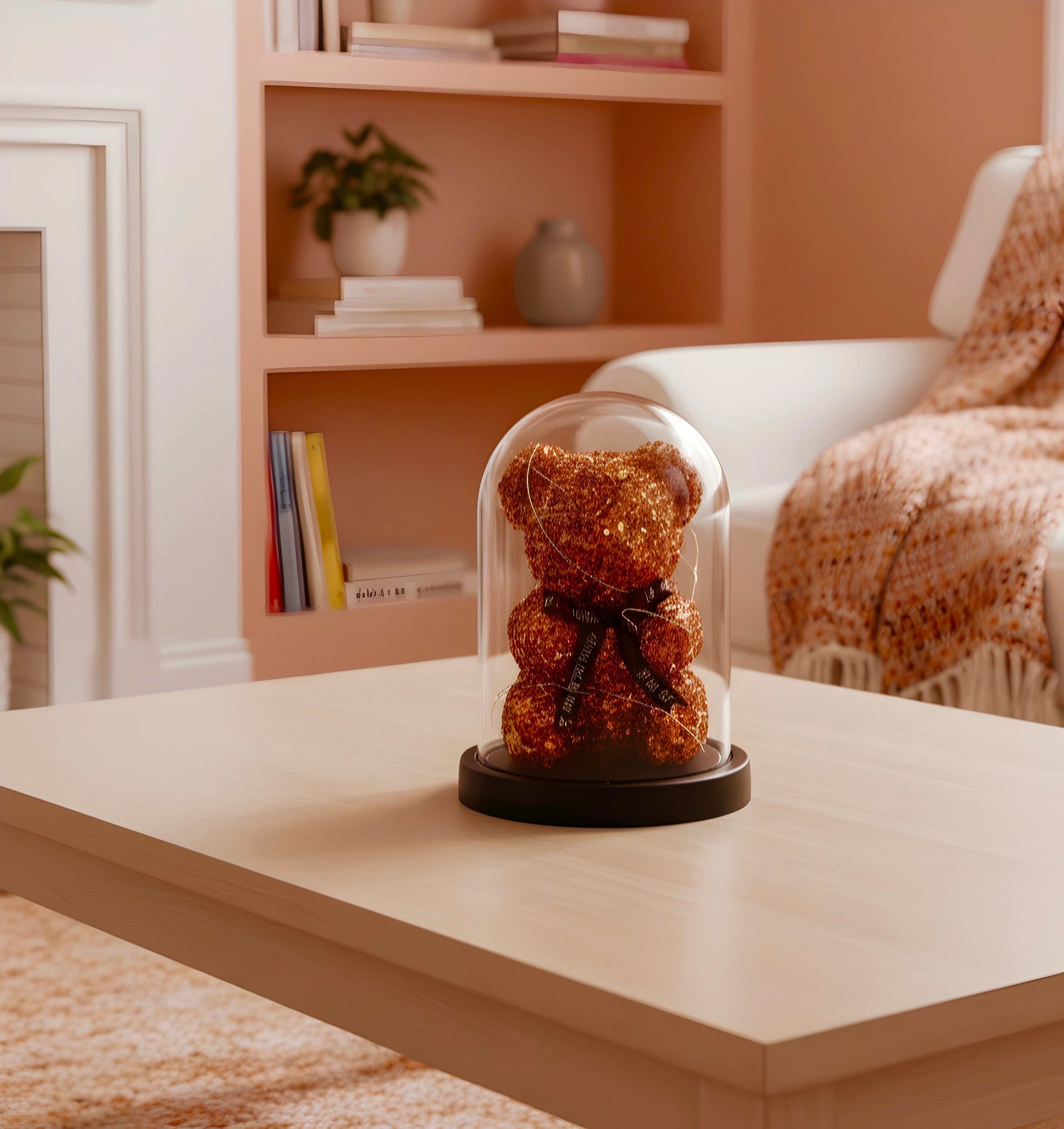 Crystal Glow Teddy Bear – LED Light-Up Decoration in Glass Dome (RED)