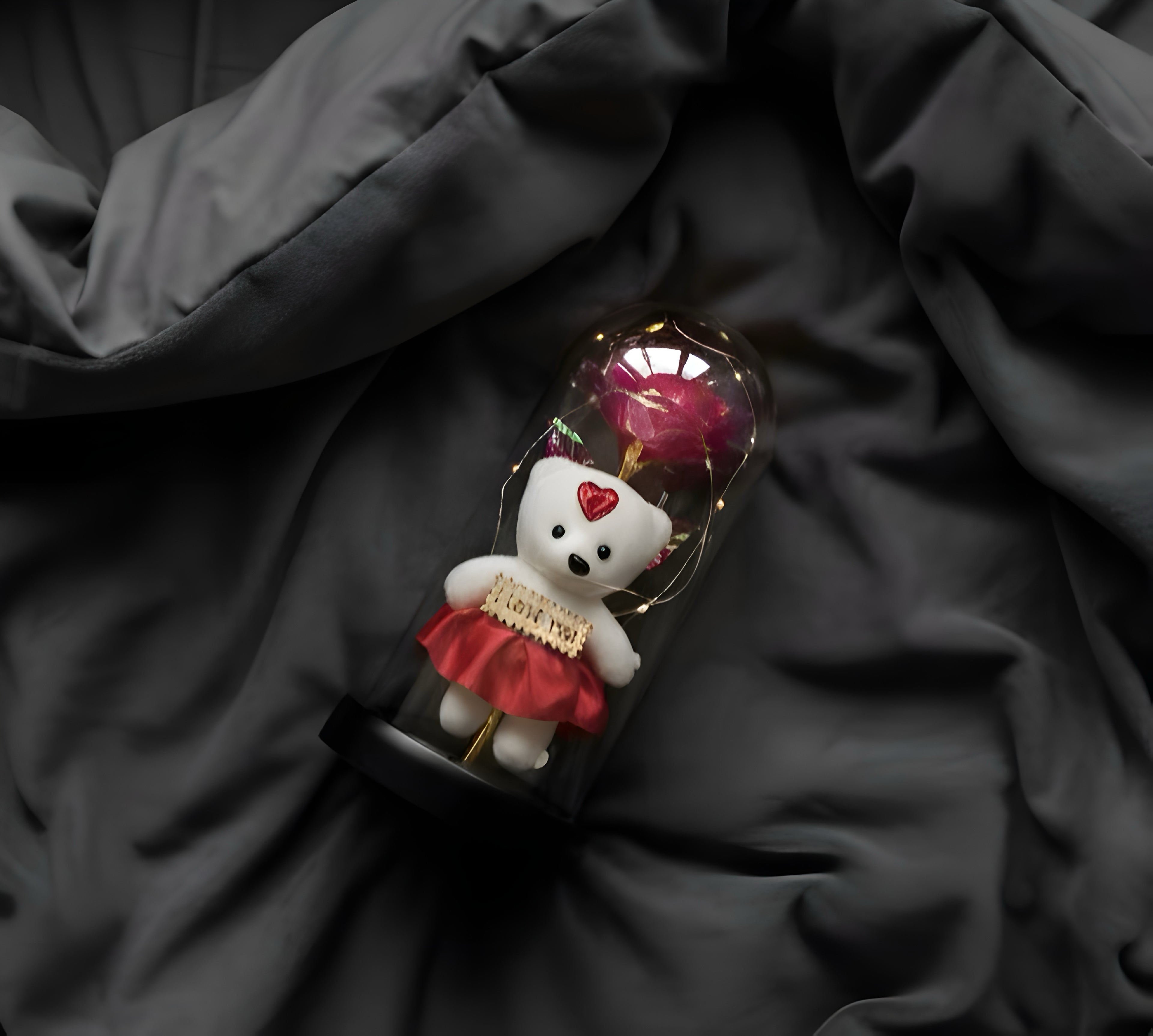 Romantic LED Glass Dome with Pink Rose & Teddy Bear – Elegant Gift for Loved Ones