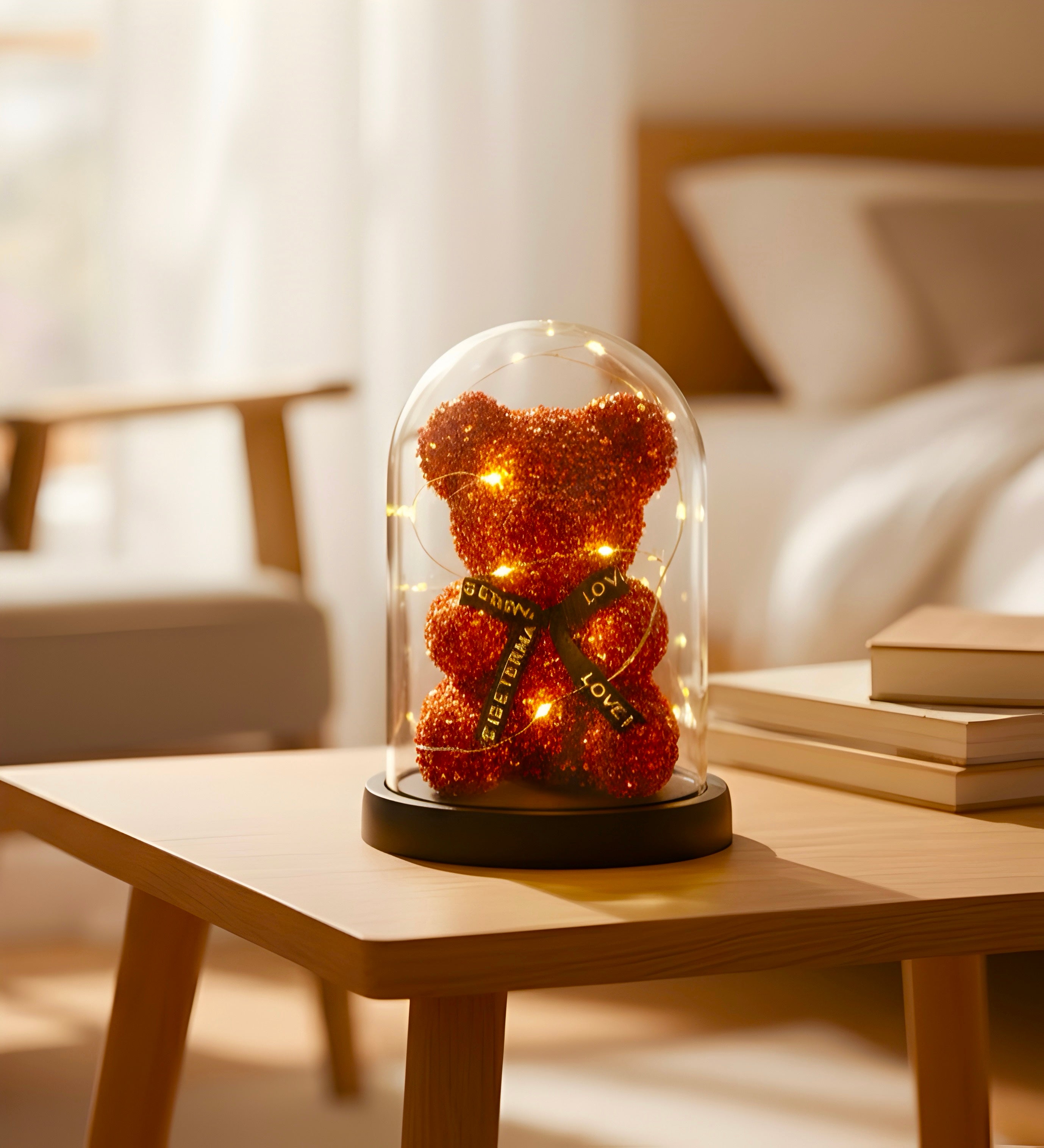 Crystal Glow Teddy Bear – LED Light-Up Decoration in Glass Dome (RED)