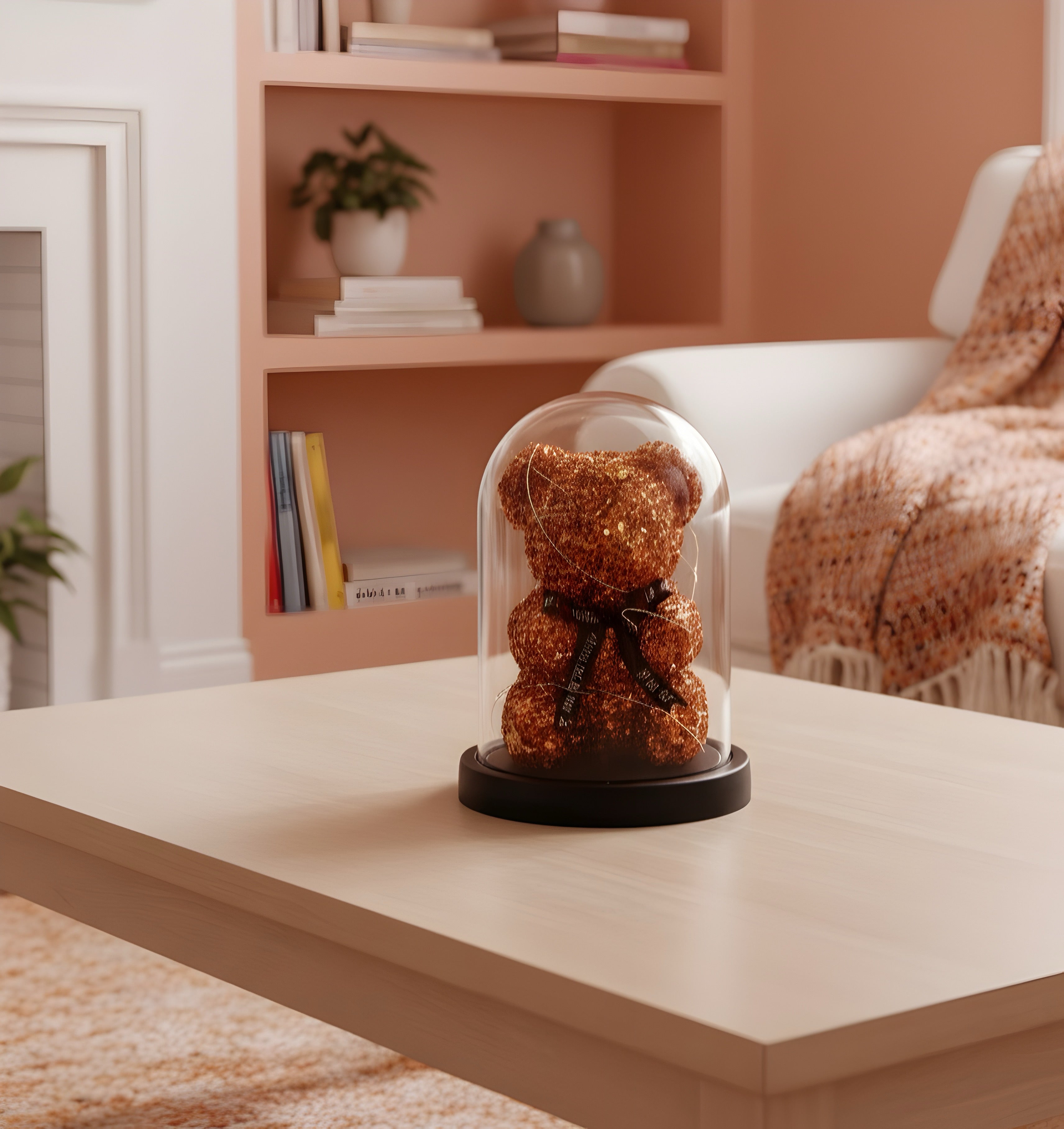 Crystal Glow Teddy Bear – LED Light-Up Decoration in Glass Dome (RED)