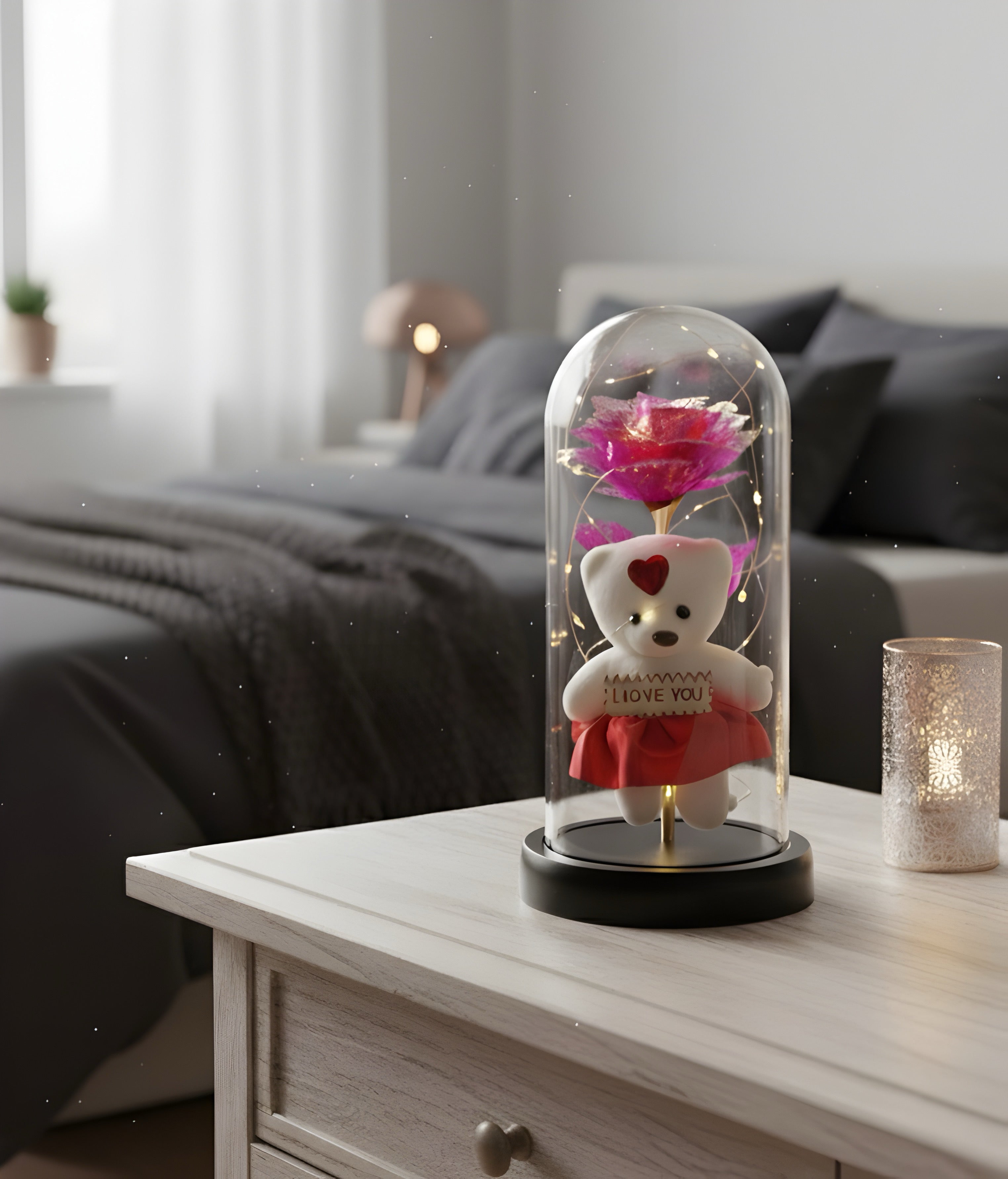 Romantic LED Glass Dome with Pink Rose & Teddy Bear – Elegant Gift for Loved Ones