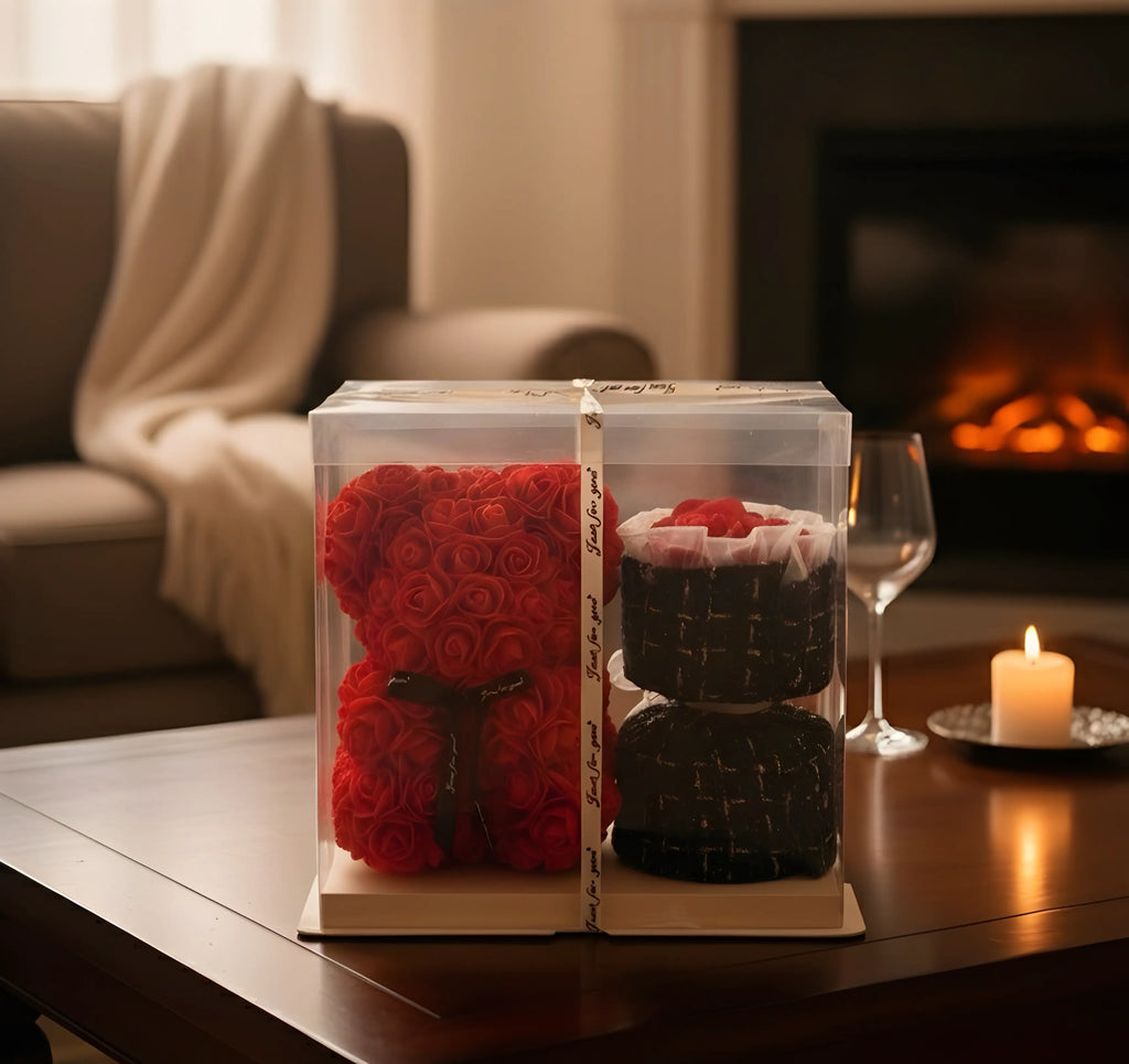 "The Celestial" Teddy & Bouquet Hamper (Crimson Red)