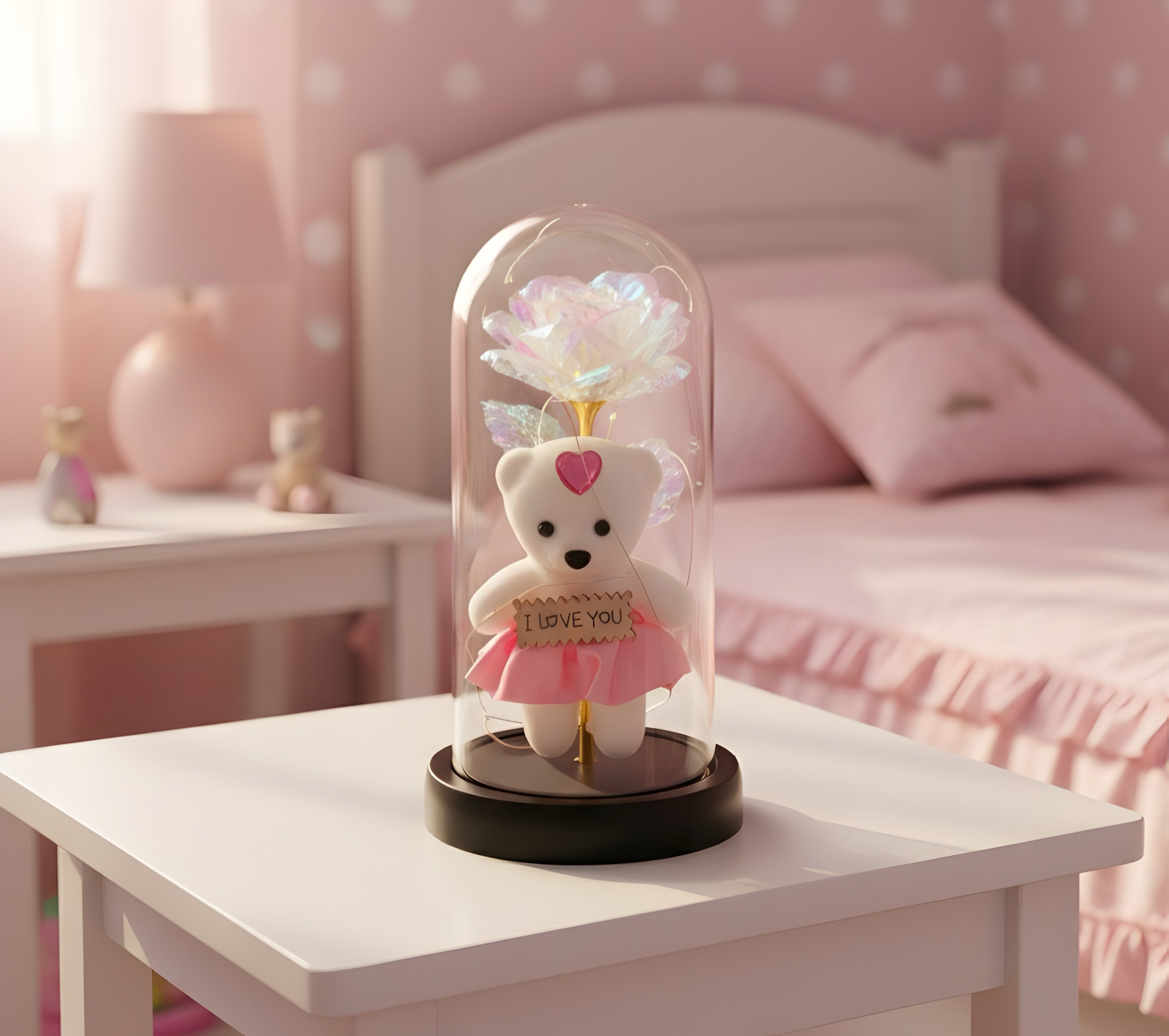 Romantic LED Glass Dome with White Rose & Teddy Bear – Elegant Gift for Loved Ones