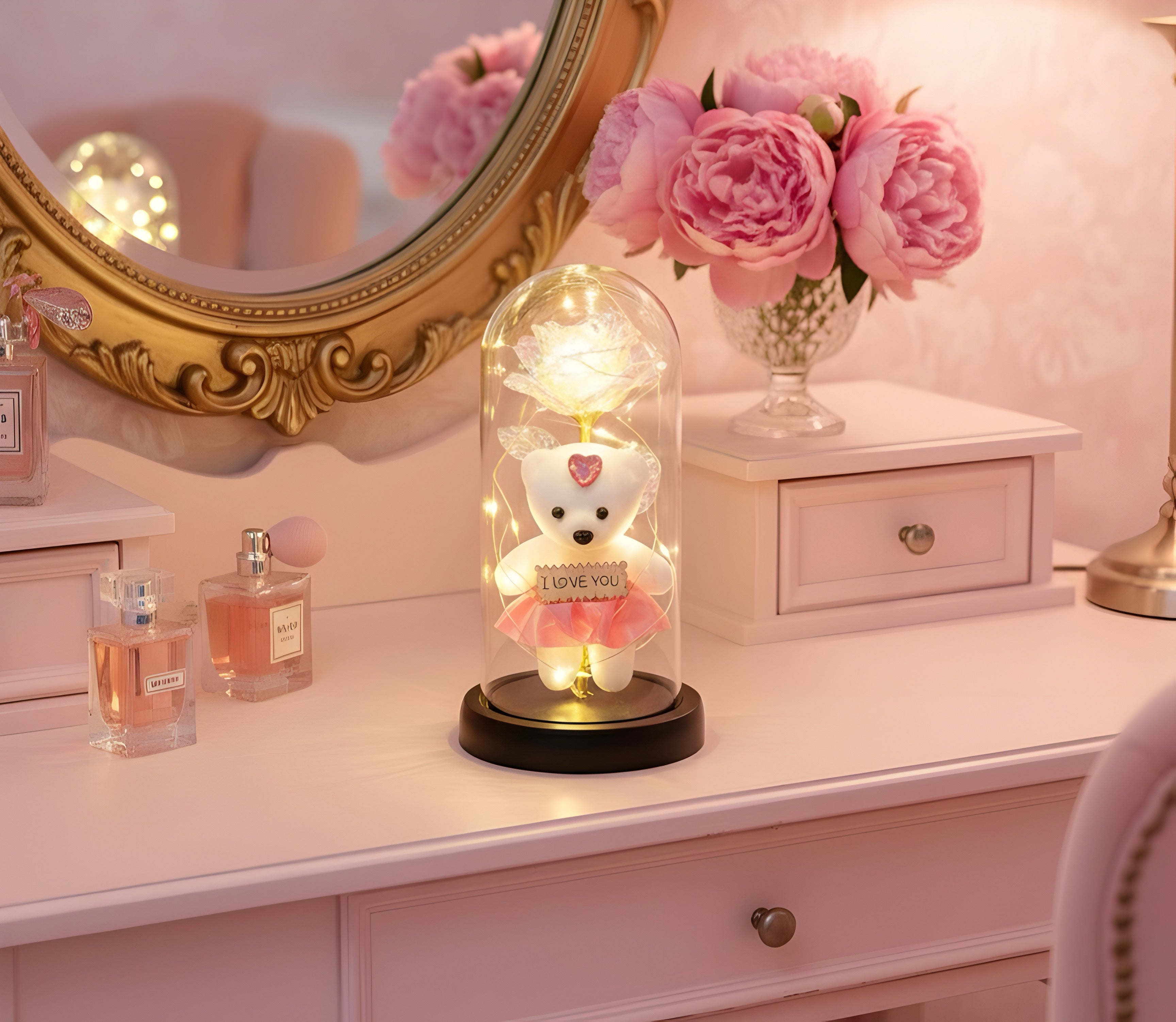 Romantic LED Glass Dome with White Rose & Teddy Bear – Elegant Gift for Loved Ones