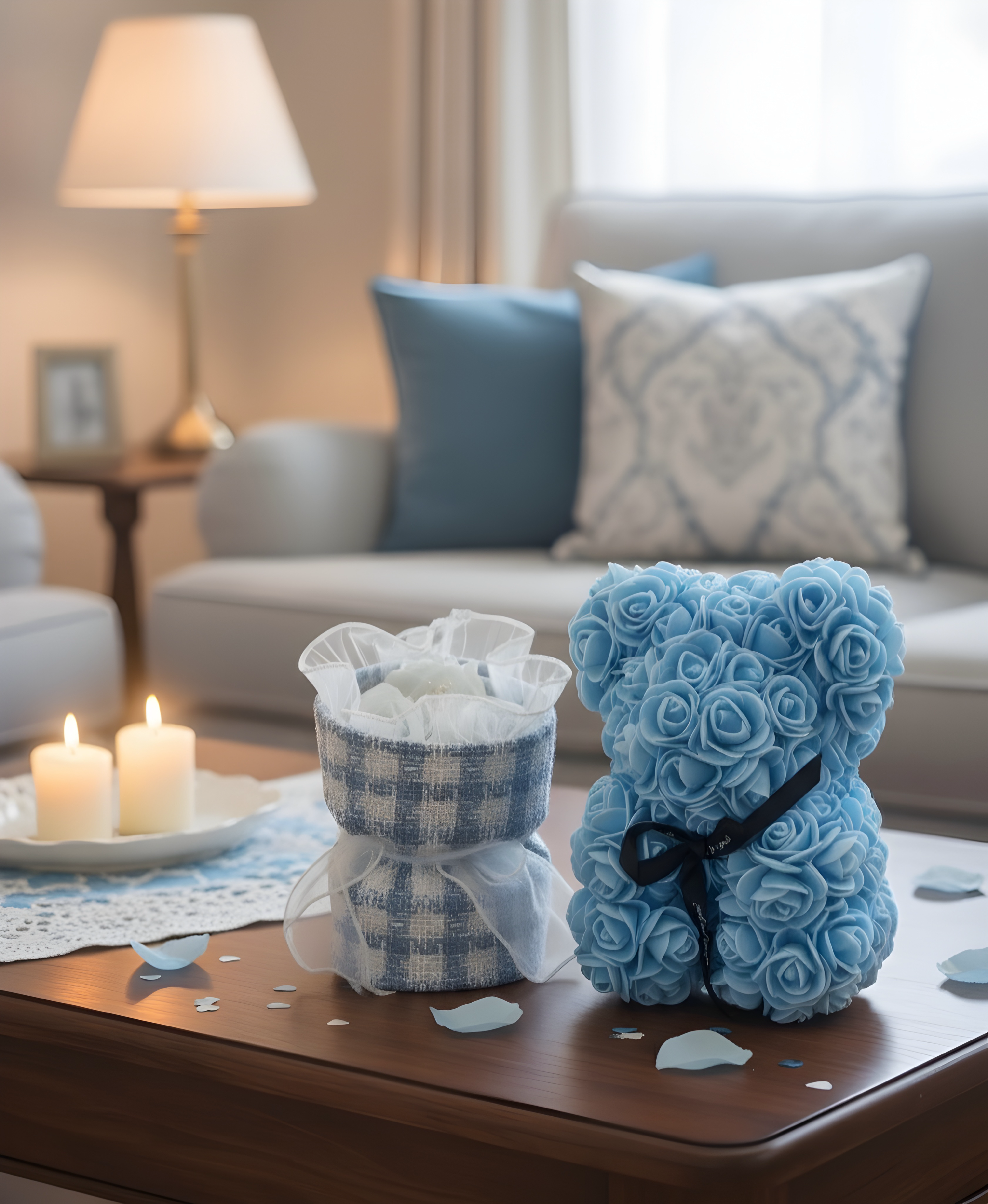 Elegant Foam Flower Teddy & Bouquet Hamper – A Unique Gift of Love (BLUE)