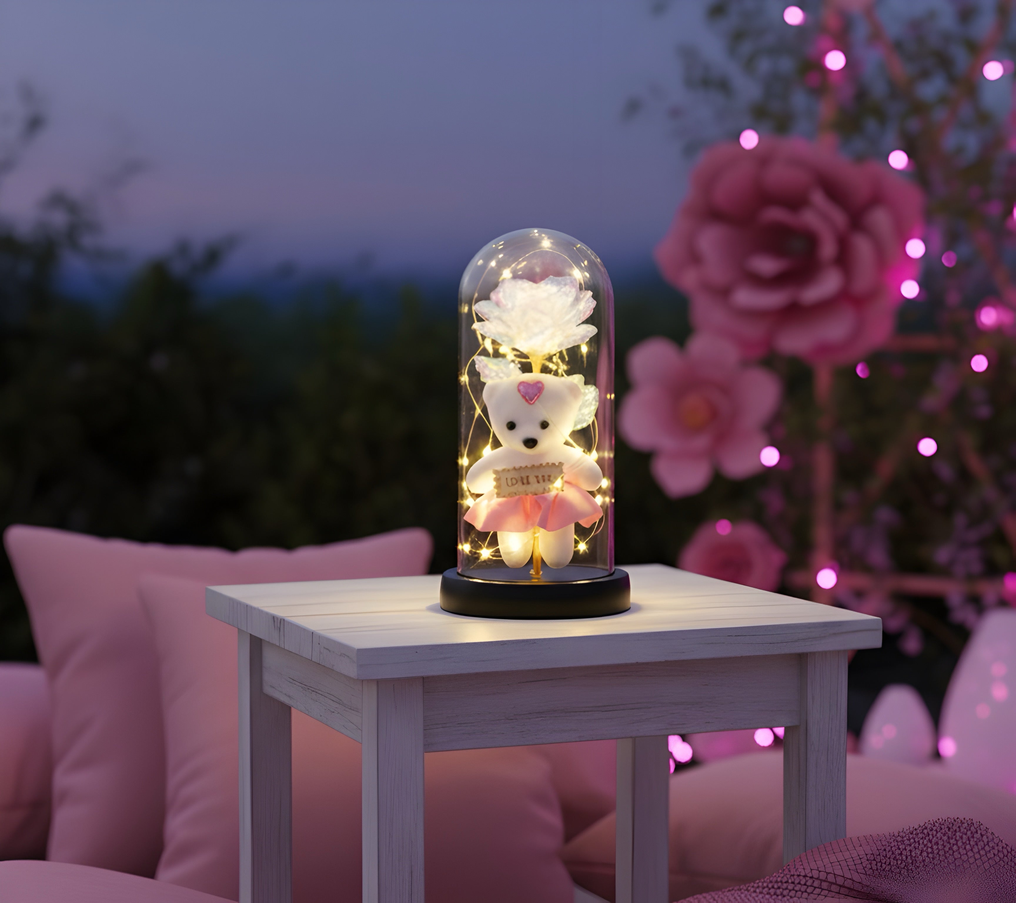 Romantic LED Glass Dome with White Rose & Teddy Bear – Elegant Gift for Loved Ones