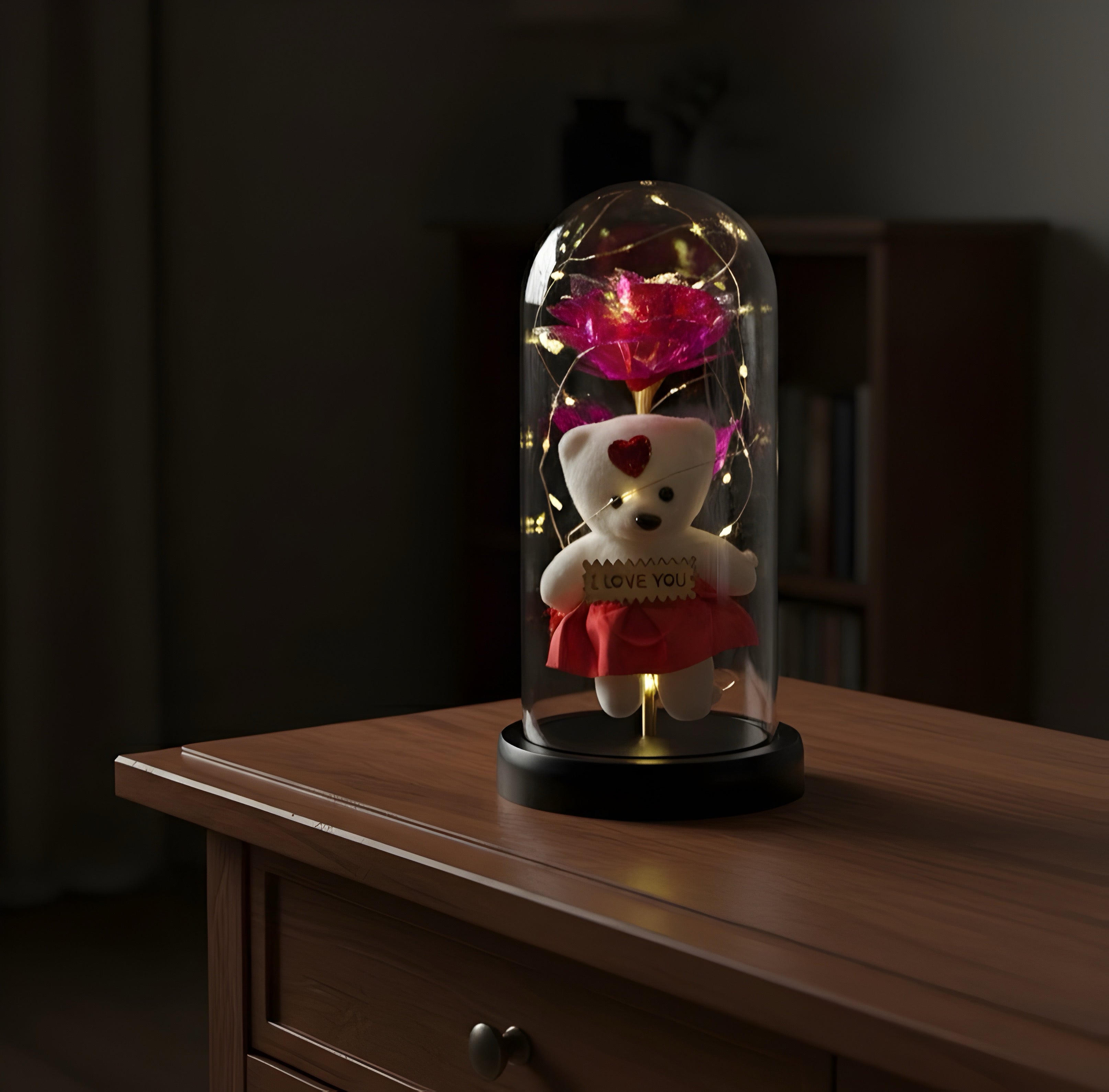 Romantic LED Glass Dome with Pink Rose & Teddy Bear – Elegant Gift for Loved Ones