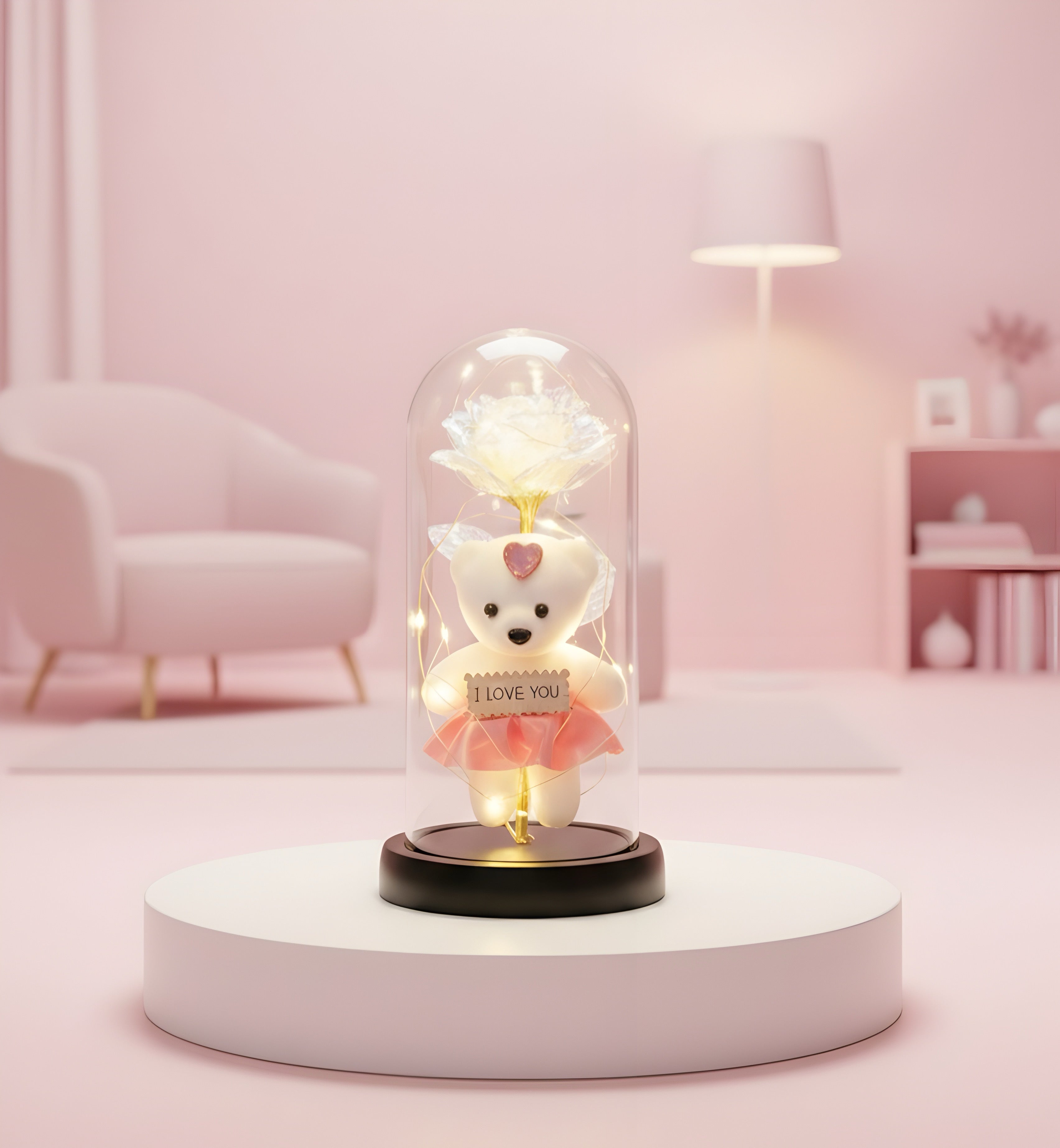 Romantic LED Glass Dome with White Rose & Teddy Bear – Elegant Gift for Loved Ones