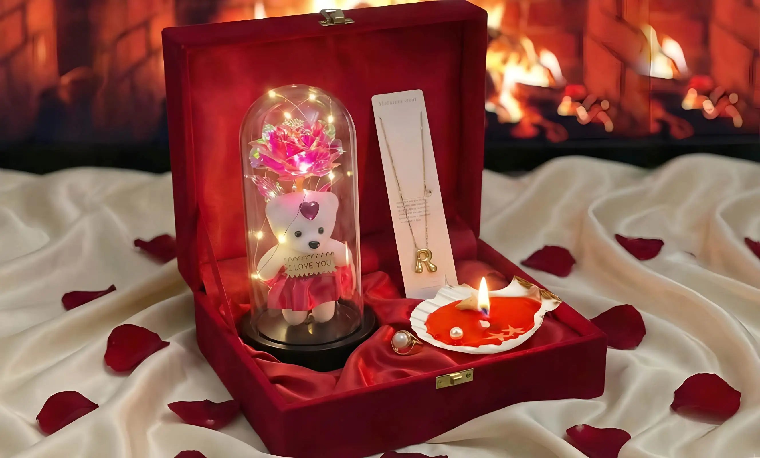 Luxury White Teddy & Pink Rose Jewelry Combo