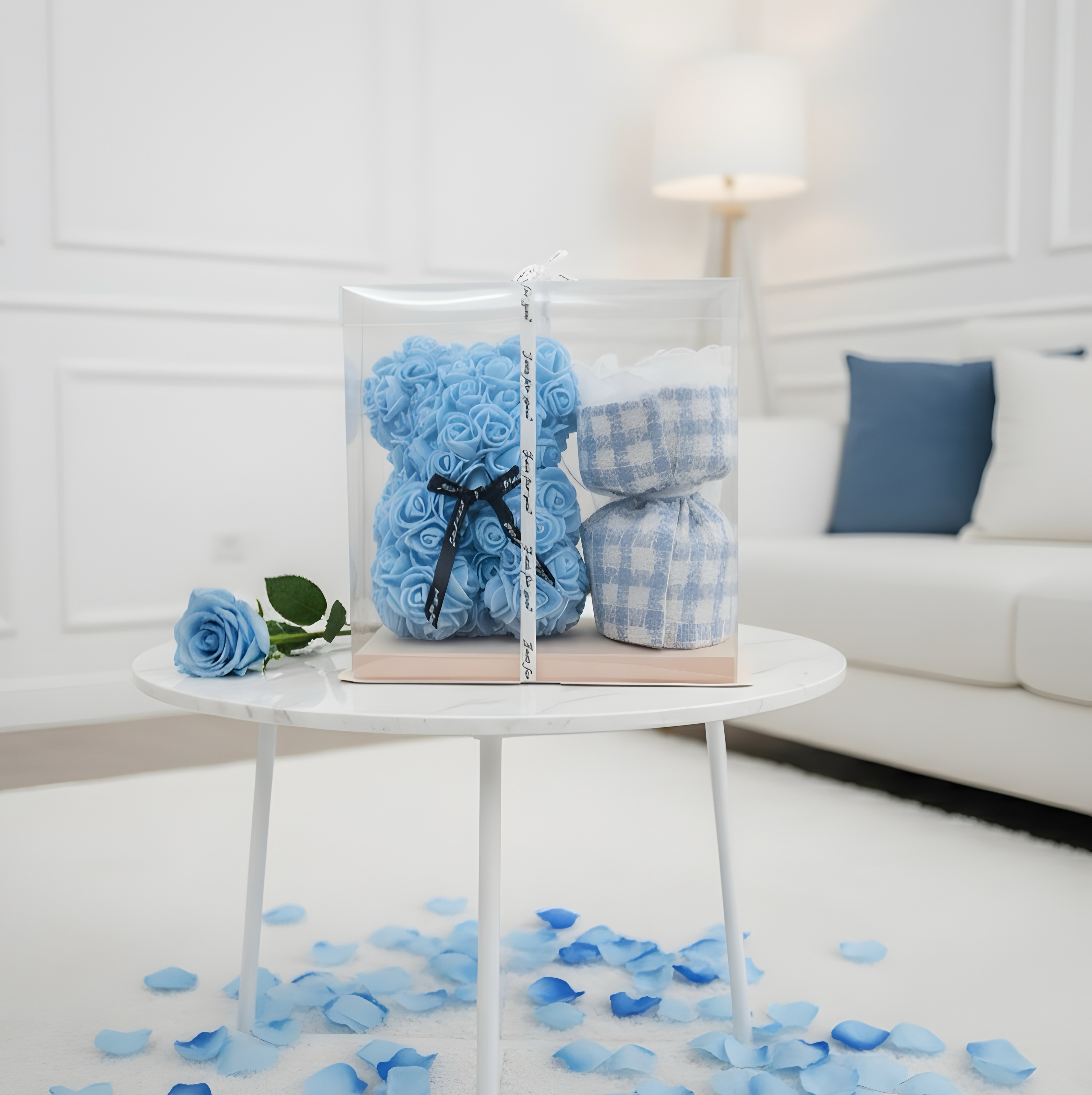 Elegant Foam Flower Teddy & Bouquet Hamper – A Unique Gift of Love (BLUE)